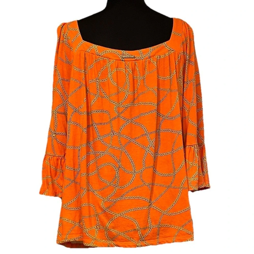 Michael Kors Women's Size L‎ Orange Gold Chain Print 3/4 Bell Sleeve Blouse Top